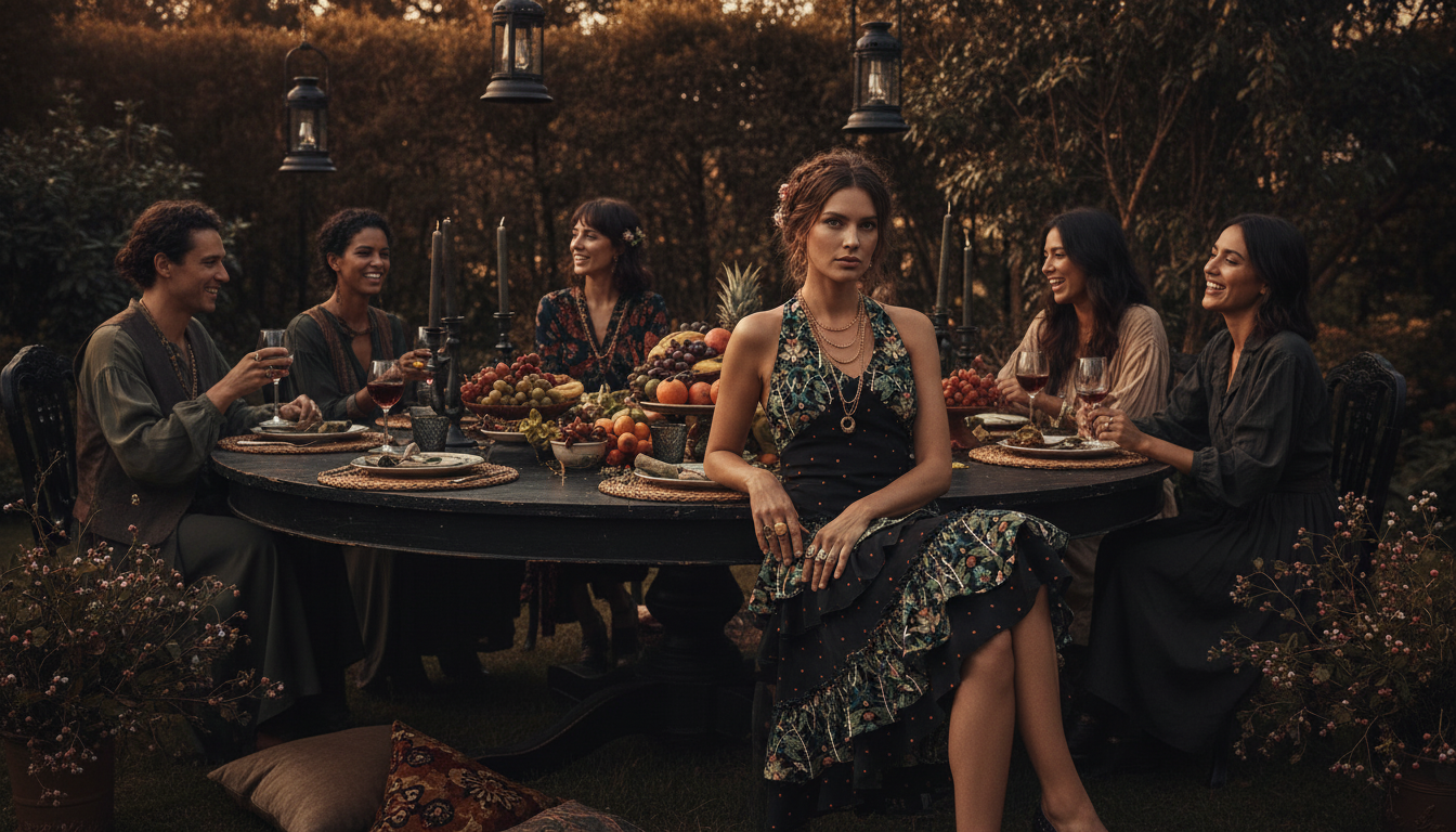 A_modern_womenswear_lookbook_image_featuring_an_adult_female_model_wearing_the__bohemian_dress___tra